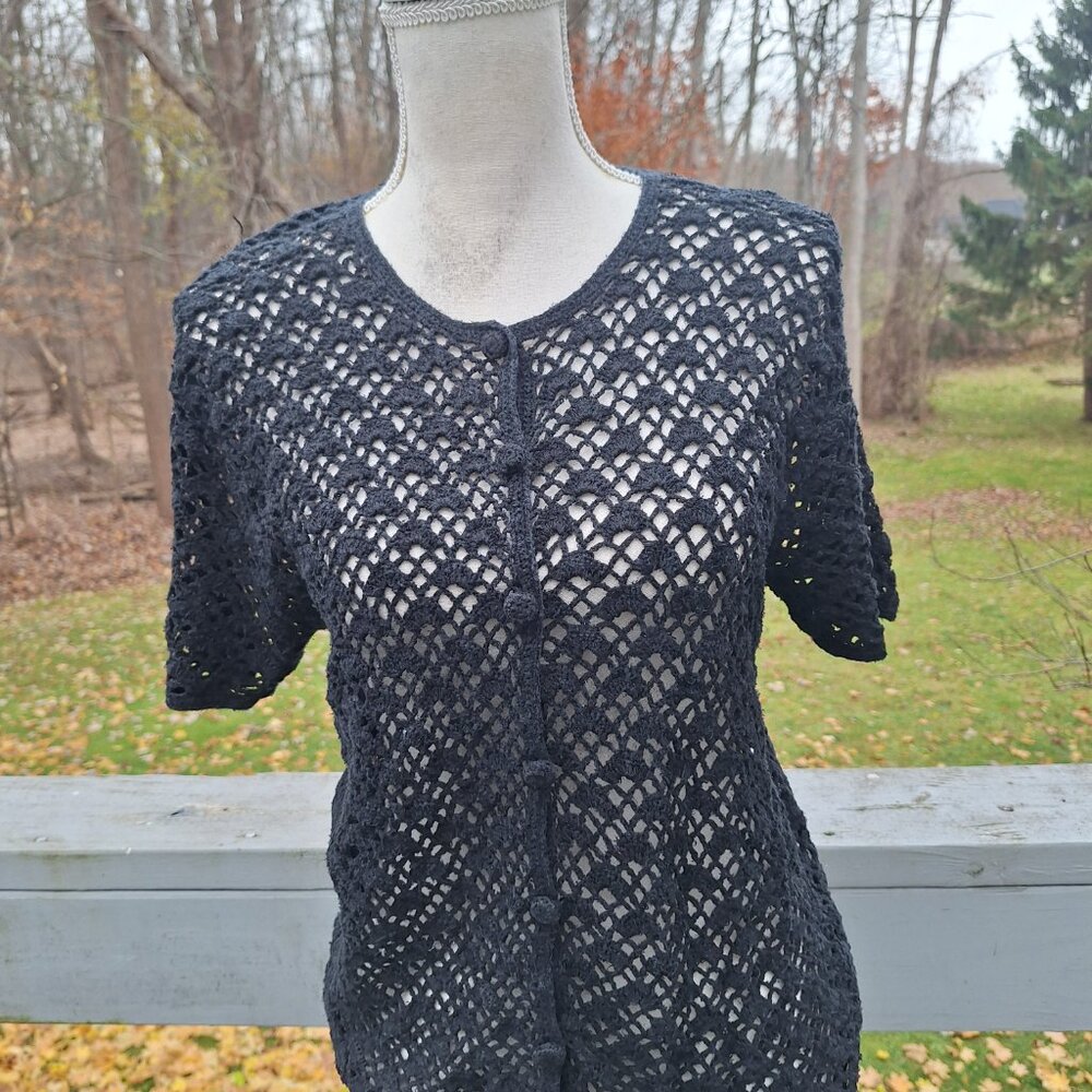 Vintage Black Crocheted Sweater with short sleeves by Pierre Cardin.
